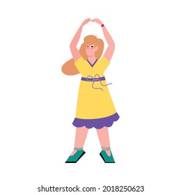 Dancing woman cartoon character holding hands high above her head, flat vector illustration isolated on white background. Dancer amateurer engaged with choreography.