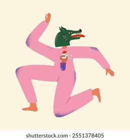 Dancing woman in dragon head on carnival or christmas party. Girl in pajamas with cactus santa claus. Vector illustration for postcard, poster, icon.