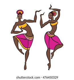 Dancing woman in ethnic style. Beautiful asian dancer. Ethno dance silhouettes.  Vector Illustration