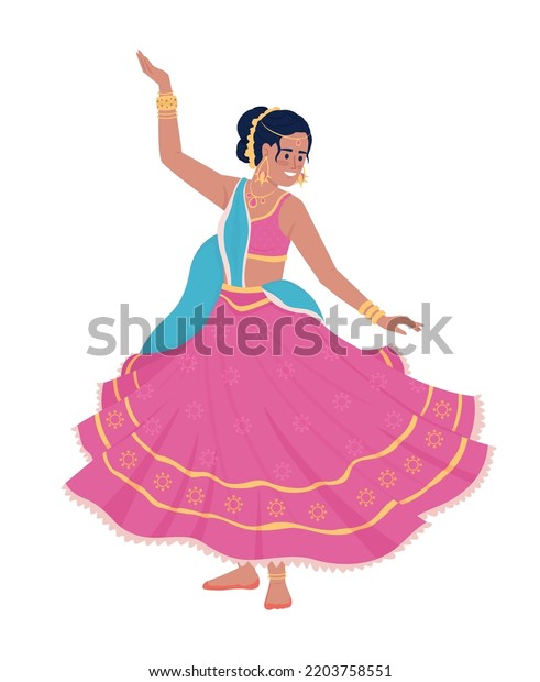 Dancing woman in folk pink dress semi flat\
color vector character. Editable figure. Full body person on white.\
Hindu holiday simple cartoon style illustration for web graphic\
design and animation