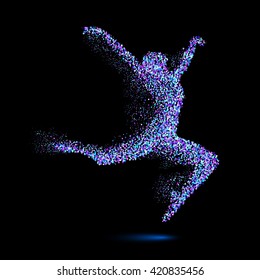 Dancing Woman in the Form of Blue Particles on Black