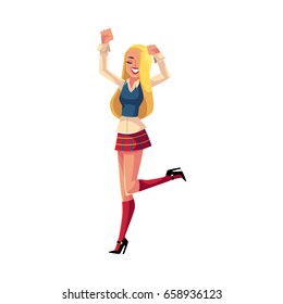 Dancing woman, girl in 1990s style clothes, checkered mini skirt, long blond hair, cartoon vector illustration isolated on white background. Woman in 90s style clothing dancing at retro disco party