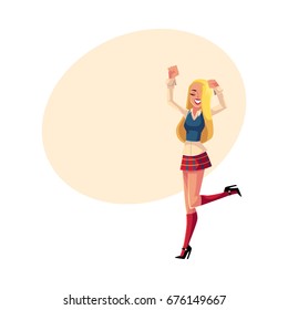 Dancing woman, girl in 1990s style clothes, checkered mini skirt, long blond hair, cartoon vector illustration with space for text. Woman in 90s style clothing dancing at retro disco party