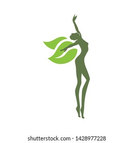 dancing woman and green leaves