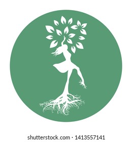 dancing woman and green leaves, vector 