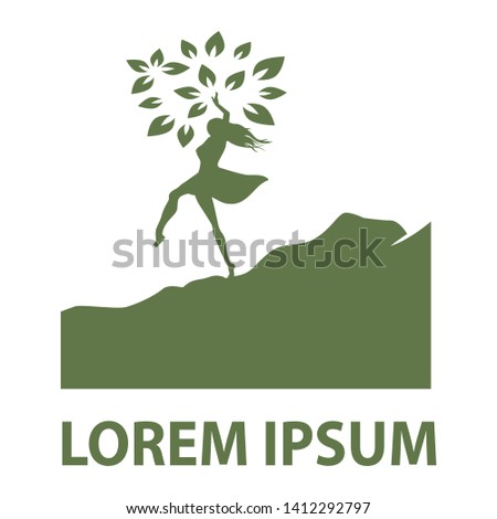 dancing woman and green leaves, vector 