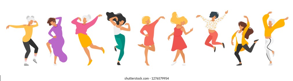 Dancing woman isolated on white background. Group of dancers enjoy party. Cute female characters in modern clothes. Minimalism design with people silhouettes. Horizontal banner.