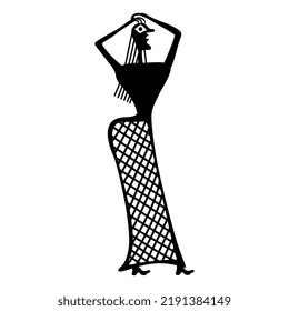 Dancing woman with long hair. Ancient Minoan vase painting design. Black and white silhouette.