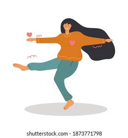 Dancing woman, love danca concept. Happy and cute. Flat illustration.