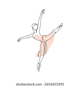 Mulher dançante em movimento contínuo um desenho de arte de linha isolado no fundo branco. Conceito de liberdade corporal de dançarino de balé. Impressão de cartaz de bailarina mínima. Ilustração gráfica vetorial de design de desenho de linha