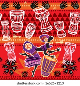 Dancing woman on ethnic background with African motifs