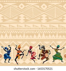 Dancing woman on ethnic background with African motifs. Seamless pattern 