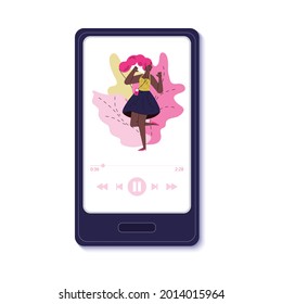 Dancing woman on mobile music app interface on phone screen isolated on white background. Song playing on smartphone with dancer girl on cover - flat vector illustration.