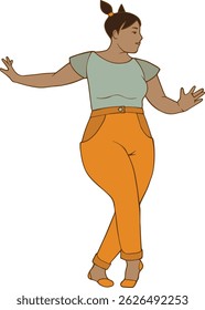 mulher dançante em calças laranjas e camisa azul curvy pose braços estendido movimento alegre ilustração plana