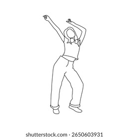 Dancing Woman Outline with Headphones, Joyful Female Dance Silhouette Drawing