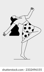Dancing woman outline vector illustration. Wavy hair girl in dance pose. Young woman in motion clipart