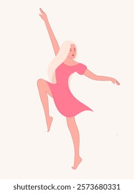 Dancing woman in pink dress vector illustration