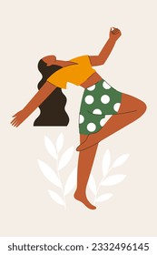 Dancing woman with plants vector illustration. Latino girl in dance pose. Young woman in motion clipart