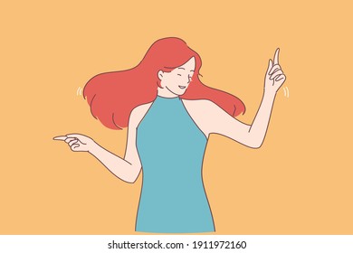 Dancing, woman power, happiness concept. Smiling positive young woman in dress with bright hair dancing moving hair having fun feeling cheerful vector illustration 