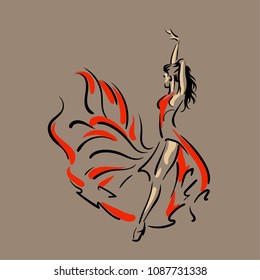 Dancing woman in red dress. Flamenco. Vector. Illustration.