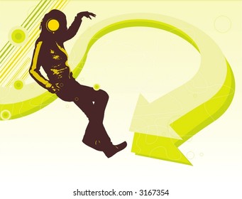 dancing woman silhouette with headphones on abstact tech background in fresh colors