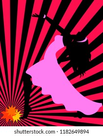 Dancing woman silhouette with rays of light in background