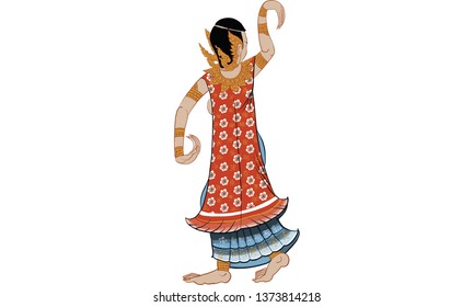 Dancing woman in Thai traditional temple painting, vector