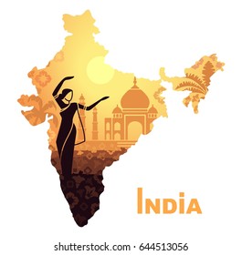 Dancing woman in traditional dress against the backdrop of the Taj Mahal in the form of a map of India
