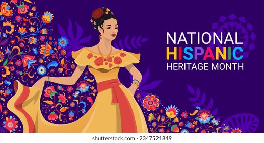 Mujer bailarina y flores tropicales en el cartel del festival del mes del patrimonio hispano nacional. El fondo vectorial presenta el personaje femenino bailarina de flamenco vestido tradicional y coloridas flores