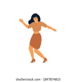 Dancing woman vector illustration. Flat female character - young cheerful woman - dancing and smiling. Celebration, freedom, party, dance concepts. 