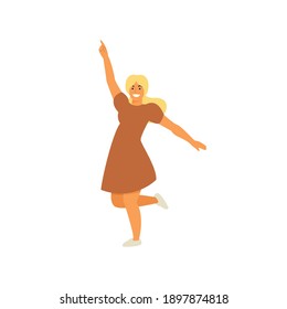 Dancing woman vector illustration. Flat female character - young cheerful woman - dancing and smiling. Celebration, freedom, party, dance concepts. 