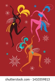 Dancing women,  Carnival festive theam, Festa Junina, Brazilian Carnaval,  night party poster design, colorful bright vector illustration