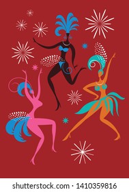 Dancing women,  Carnival festive theam, Festa Junina, Brazilian Carnaval,  night party poster design, colorful bright vector illustration