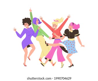 Dancing women cartoon characters in bright clothing, flat vector illustration isolated on white background. Cheerful young girls or women dancing at party.