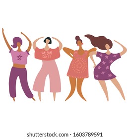 Dancing women. Hand drawn vector illustration. Flat style design. Concept, element for feminism, girl power, background.
