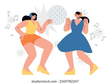 Dancing women in headphones. Music lovers and freetime spending. Flat vector minimalist illustration with people