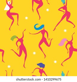 Dancing women, seamless pattern, carnival festive background