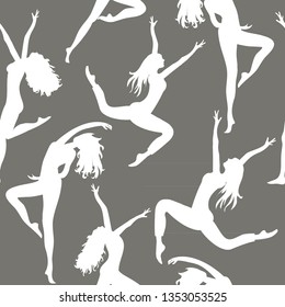 Dancing women. Seamless pattern. Vector illustration of white silhouettes of dancers on grey background