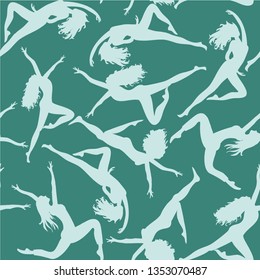 Dancing women. Seamless pattern. Vector illustration of silhouettes of dancers on turquoise background