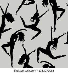 Dancing women. Seamless pattern. Vector illustration of silhouettes of dancers on grey background