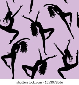 Dancing women. Seamless pattern. Vector illustration of silhouettes of dancers on lila background