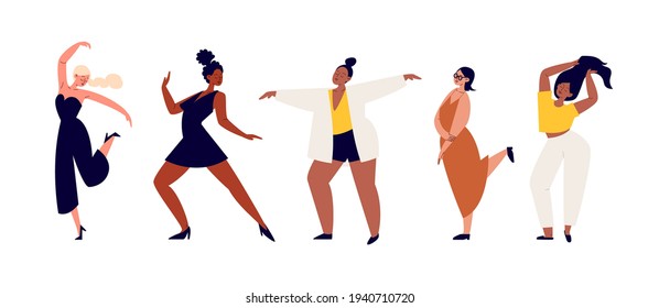 Dancing women. A set of cartoon female characters with different shapes and different skin colors in casual clothes are moving in a dance. Vector stock illustration of diverse women on white back.