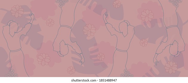Dancing women silhouettes on pink background. Behind women silhouettes of leaves and flowers.