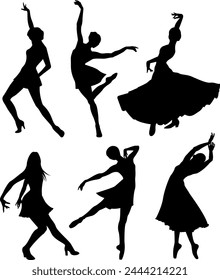 Dancing women silhouettes vector one coloured illustration, ballerinas silhouettes, flamenco dancer silhouette