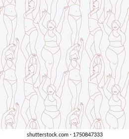 Dancing women vector pattern. Repeatable minimalistic pattern with linear female dancing characters. Body positivity, diversity, togetherness concepts.