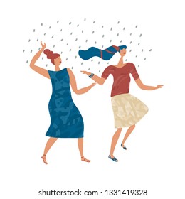 Dancing women welcome the rain. Hand drawn vector illustration in flat colors on white background.
