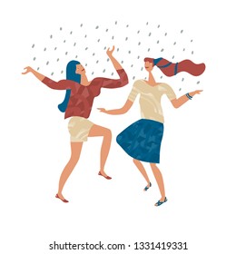 Dancing women welcome the rain. Hand drawn vector illustration in flat colors on white background.
