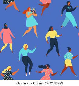 Dancing women. Womens seamless pattern. Vector templates with women different nationalities and cultures. Freedom, independence, equality. Trendy retro style vector.