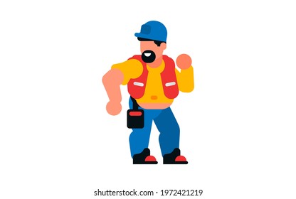 The dancing worker. Smiling, happy builder. Vector illustration isolated on white background