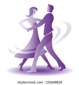 Dancing young couple. Young couple dancing ballroom dance. Violet vector illustration. 